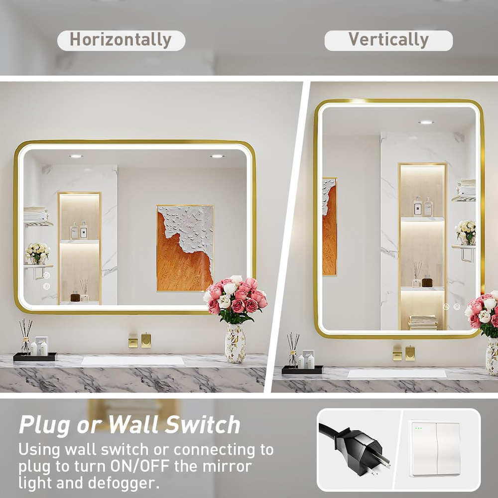 luxury gold metal frame led light mirror