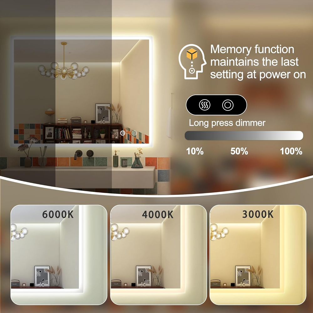 anti fog rounded corner led mirror Dimming and color temperature adjustment