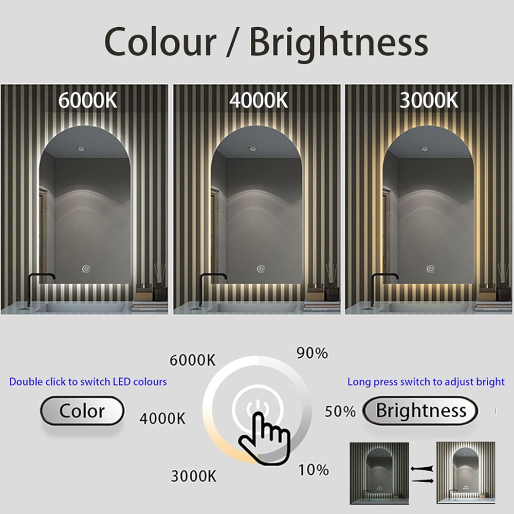 arched wall vanity mirror with light backlight Dimming and color temperature