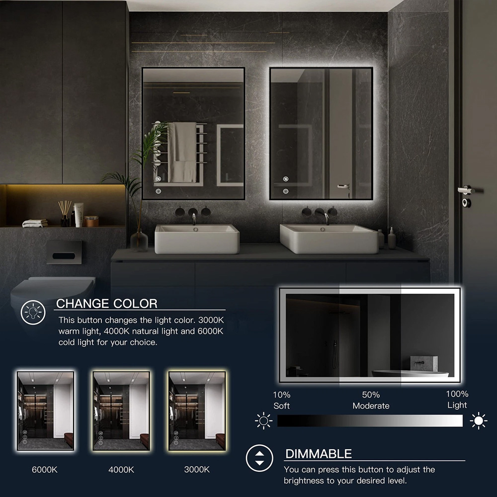 black frame backlit bathroom mirror with anti fog