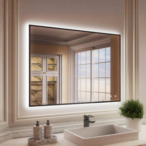 black frame backlit bathroom mirror with anti fog