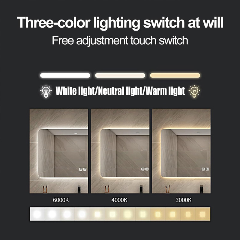 custom frameless backlit led mirror Dimming and color temperature adjustment