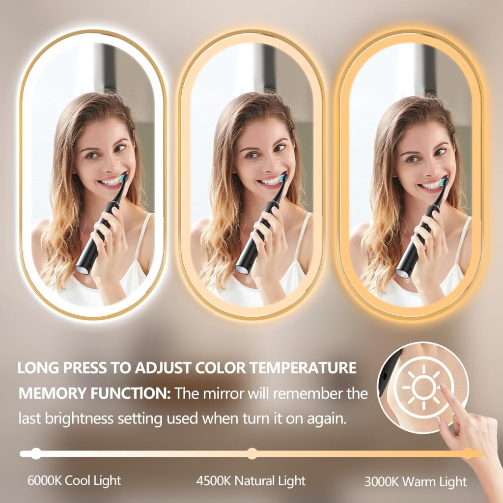 gold frame pill shaped led mirror Dimming and color temperature