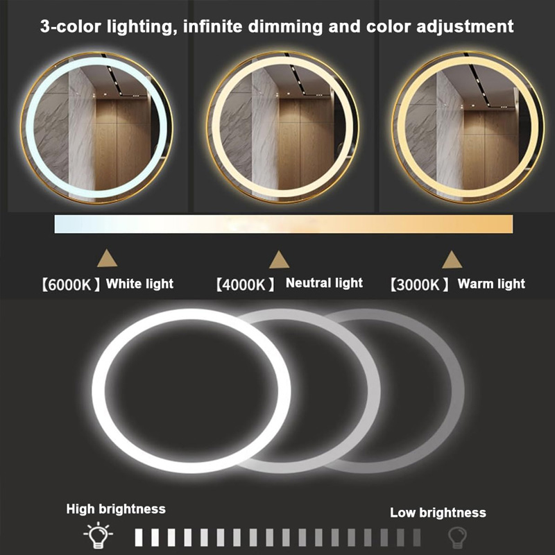 gold frame round mmirror with light Dimming and color temperature