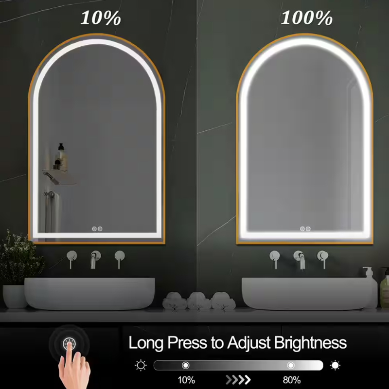 luxury hotel apartment arched gold frame led mirror Dimming and color temperature adjustment