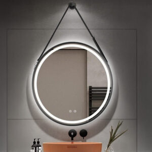 luxury round black frame led mirror with hanging strap
