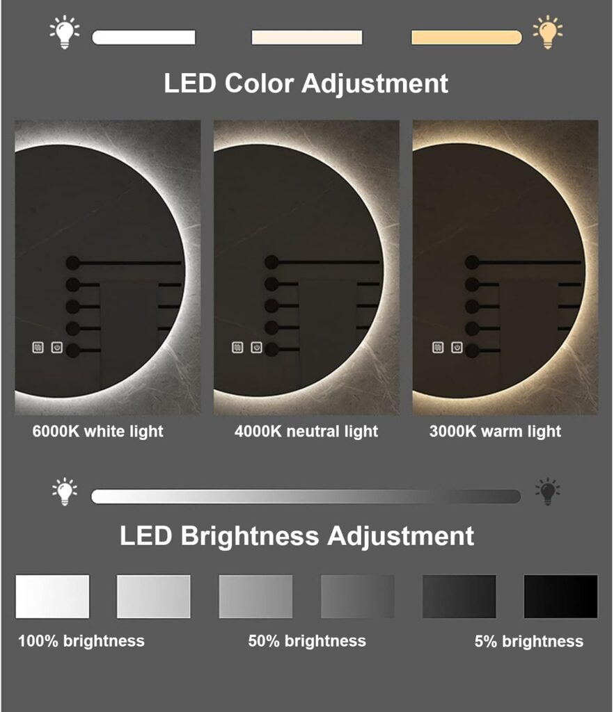 Modern Round Backlit LED Mirror Dimming and color temperature