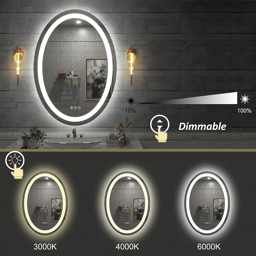 Oval mirror dimming and color temperature adjustment