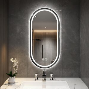 pill shaped black frame backlit led mirror