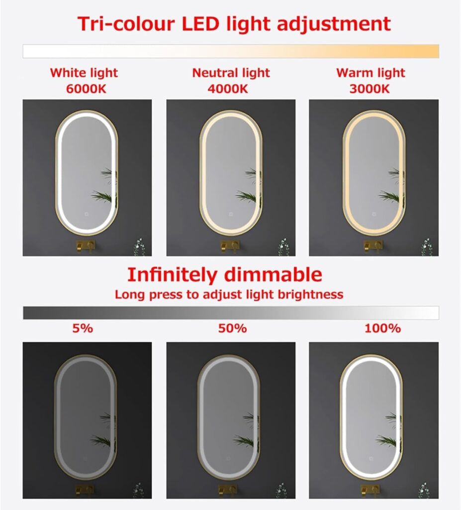 pill shaped black frame backlit led mirror Dimming and color temperature