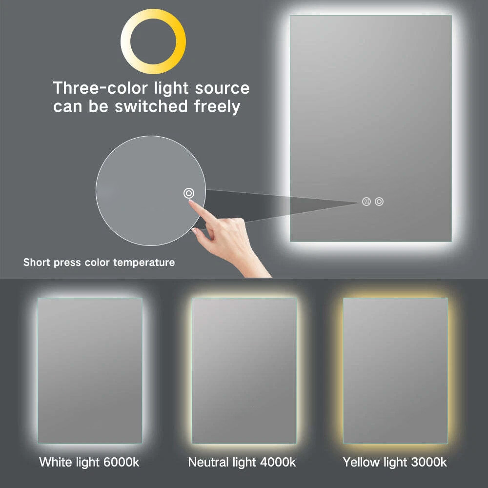 Rectangular Frameless Backlit Mirror Dimming and color temperature adjustment