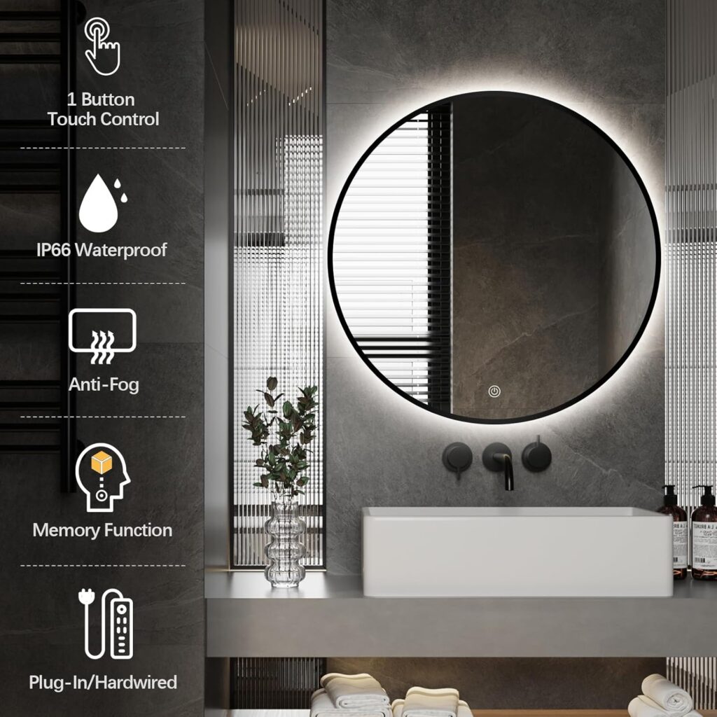 Round Black Frame Backlit LED Bathroom Mirror Funtion