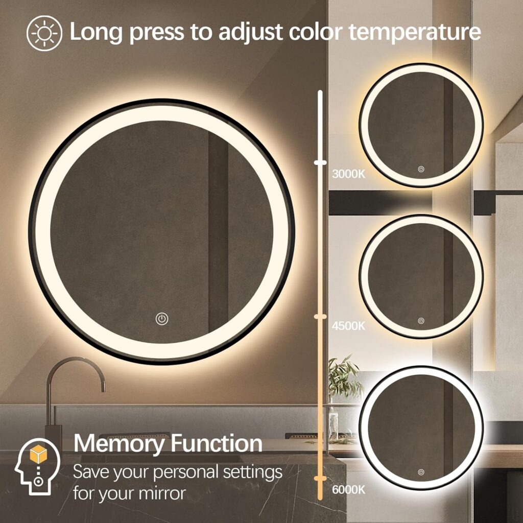 round led mirror with black frame Dimming and color temperature