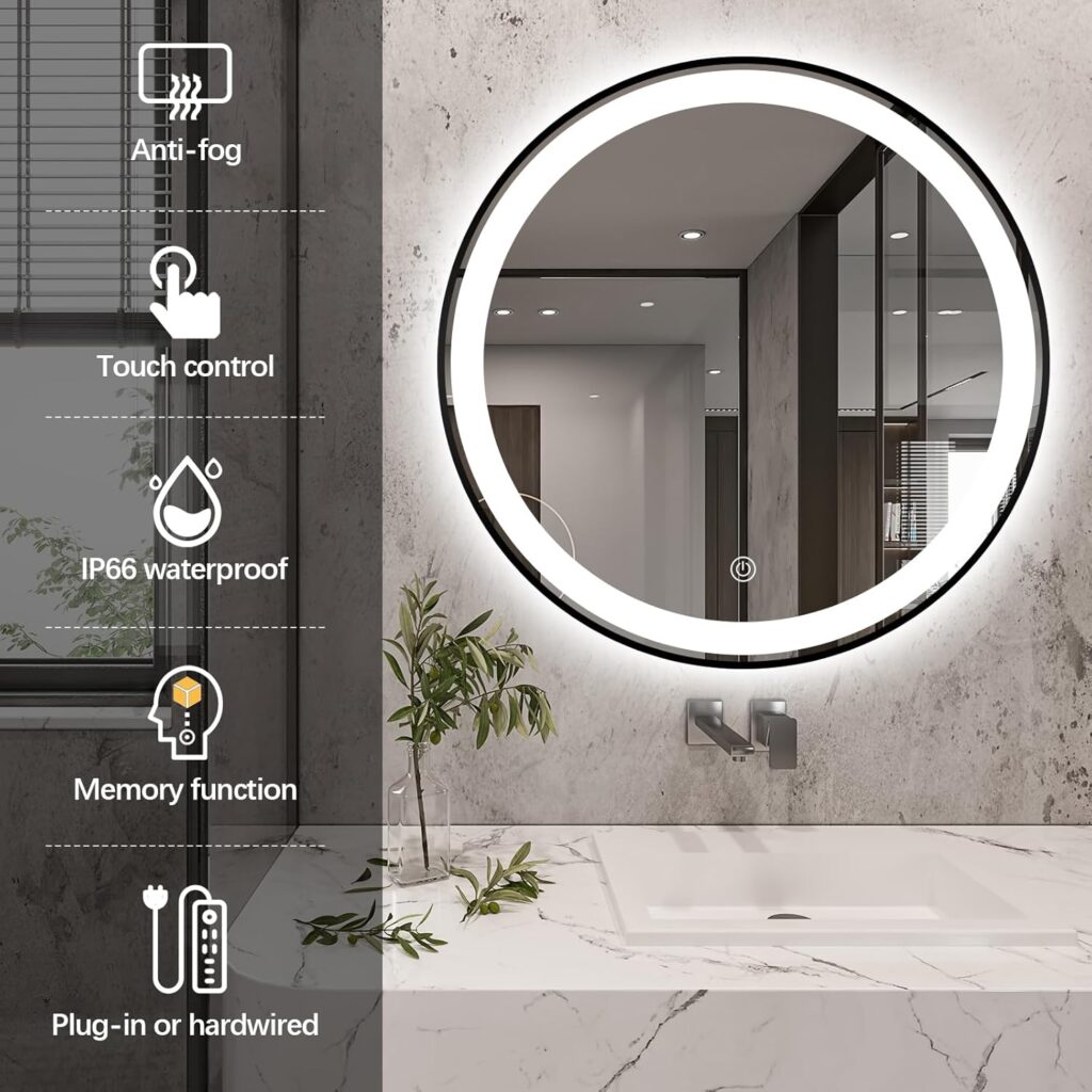 round led mirror with black frame funtion