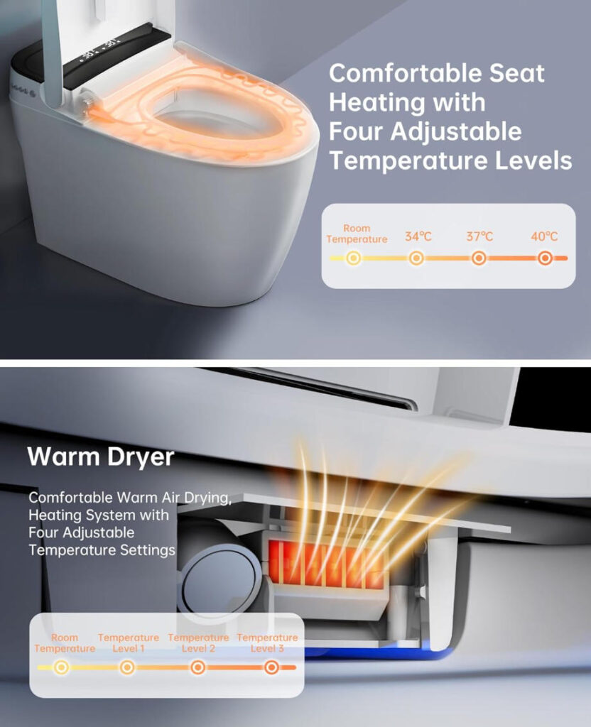 smart toilet with auto lid, warm seat & night light