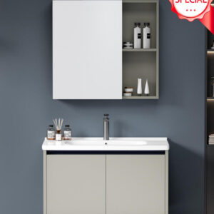 designer bathroom vanity with side shelf and led mirror