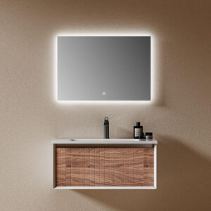 floating vanity with simple geometry and warm lighting