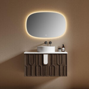 luxury bathroom vanity with stone basin and aluminum frame