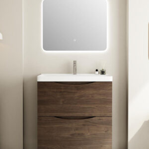 minimal wall hung vanity with light oak grain texture