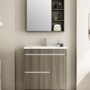 minimalist wood texture vanity with open storage shelves
