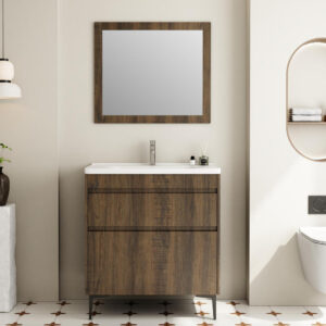 modern wood grain bathroom vanity with mirror cabinet