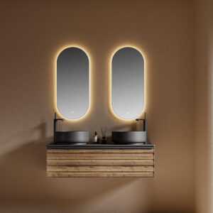 minimal wall hung vanity with ceramic top and smooth curves
