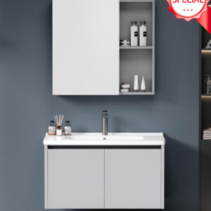wall mounted bathroom cabinet with white basin and wood texture fronts