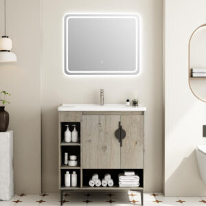 wall mounted vanity with white basin and wood texture fronts