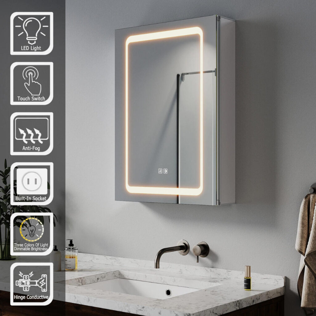 compact led mirror cabinet with vertical light strip