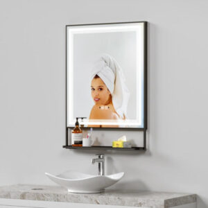 Industrial Black Framed Bathroom Mirror with Storage Shelf & LED Light