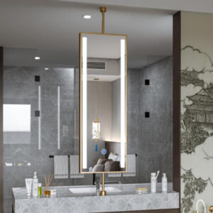 modern gold ceiling mounted pill mirror – illuminated oblong vanity mirror with rod (copy)