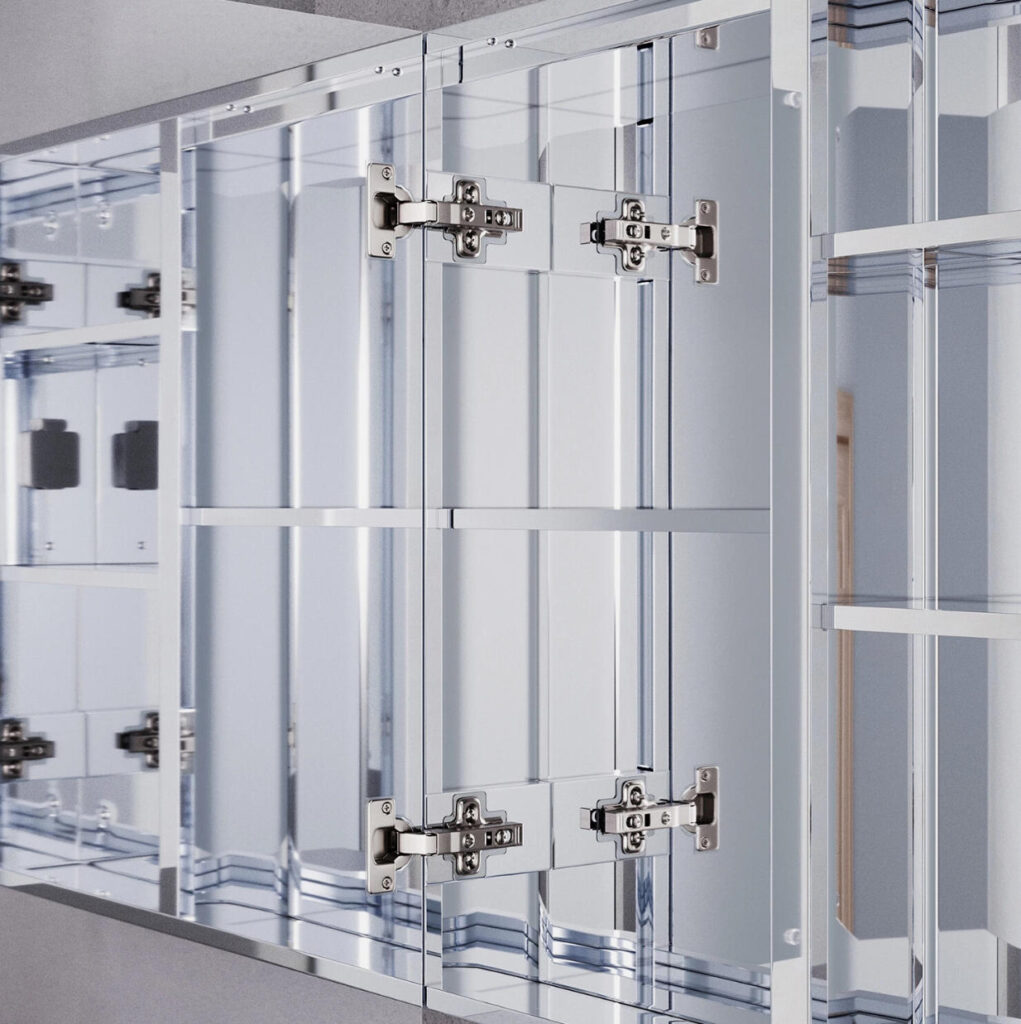 three door aluminum mirror cabinet with soft light accent