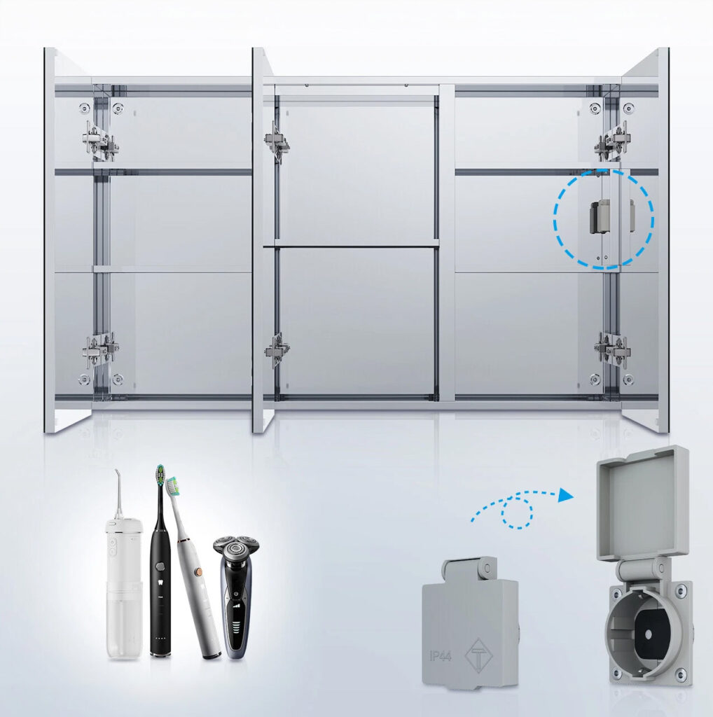 three door aluminum mirror cabinet with soft light accent