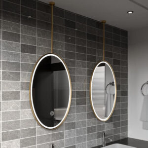 vertical oval smart hanging mirror – gold ceiling suspended led bathroom mirror