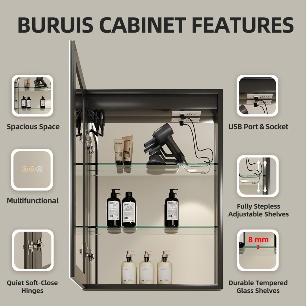 wall hung black frame mirror cabinet with practical storage